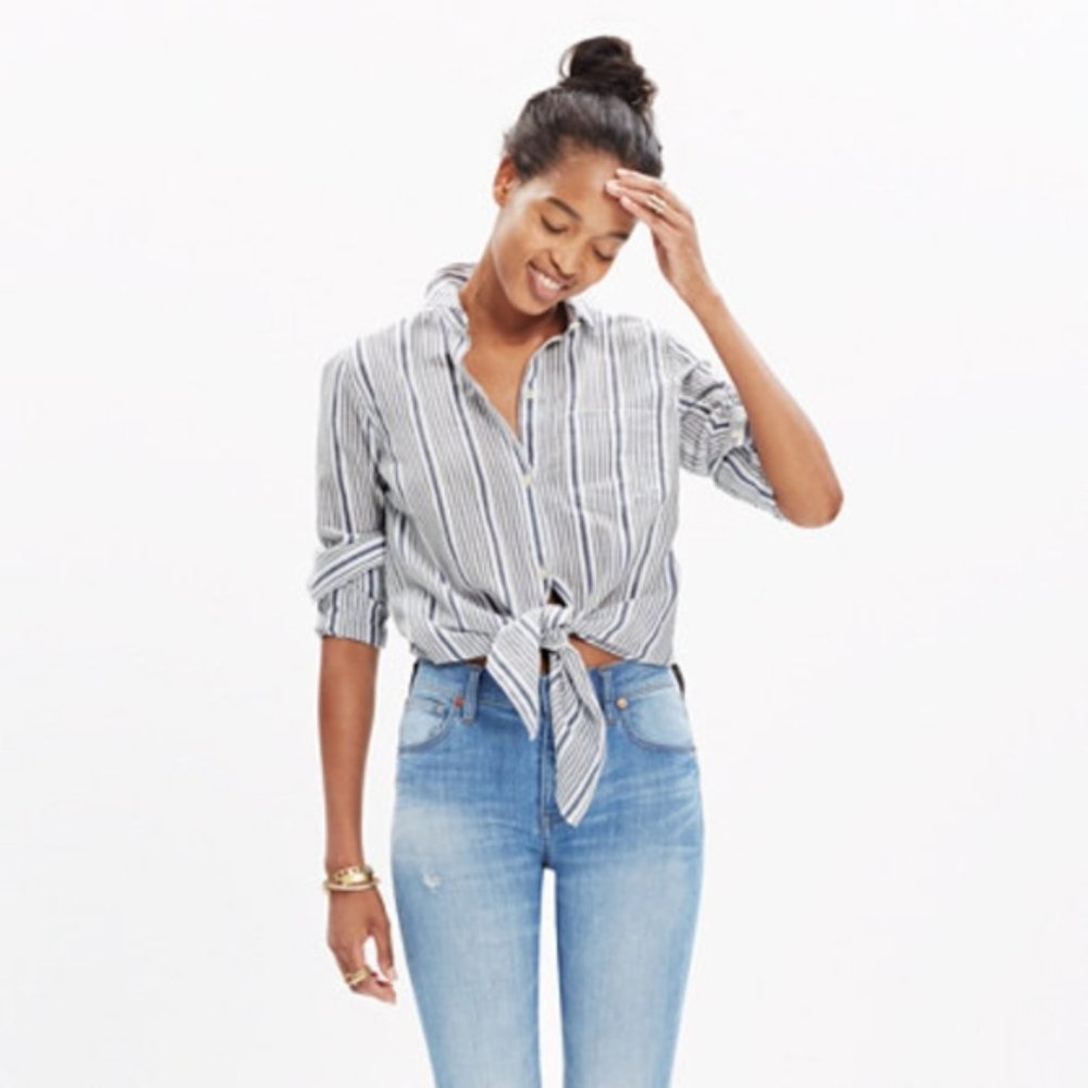 Madewell Striped Tie-Front Shirt | Small | White/Blue